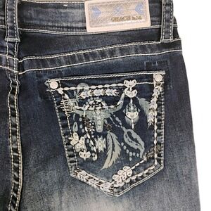 Grace in LA Eash Fit Stretch Raw Hem Jeans Easy Fit Women's Size 28 Embroidered